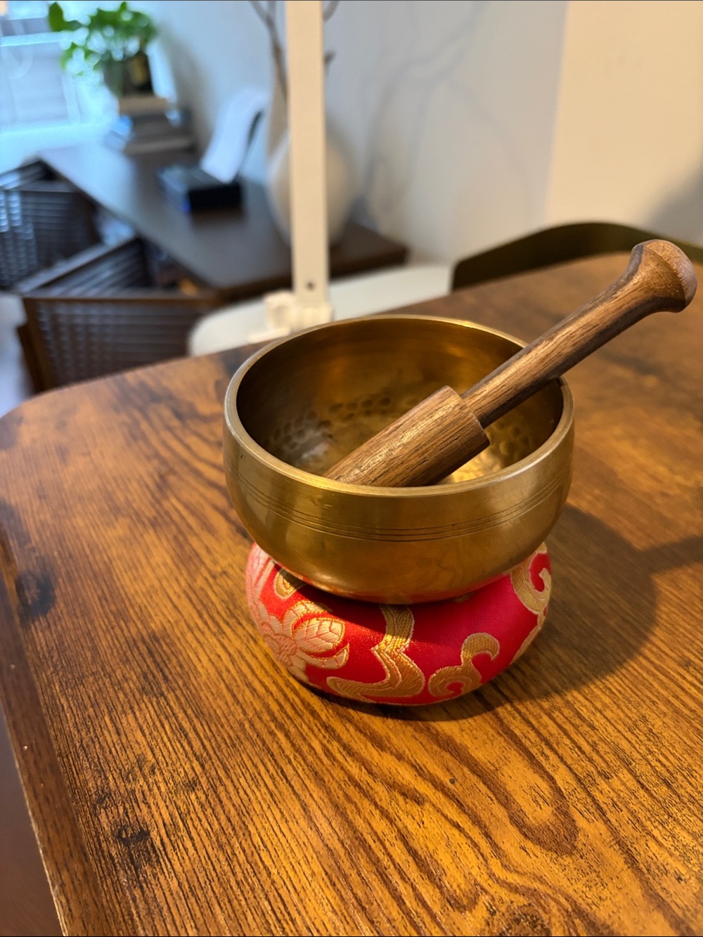 Brass Singing Bowl with Wooden Striker and Red Cushion